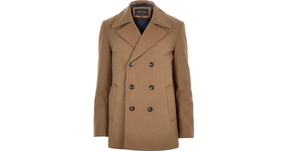 River Island Brown Smart Woolblend Pea Coat for Men Lyst