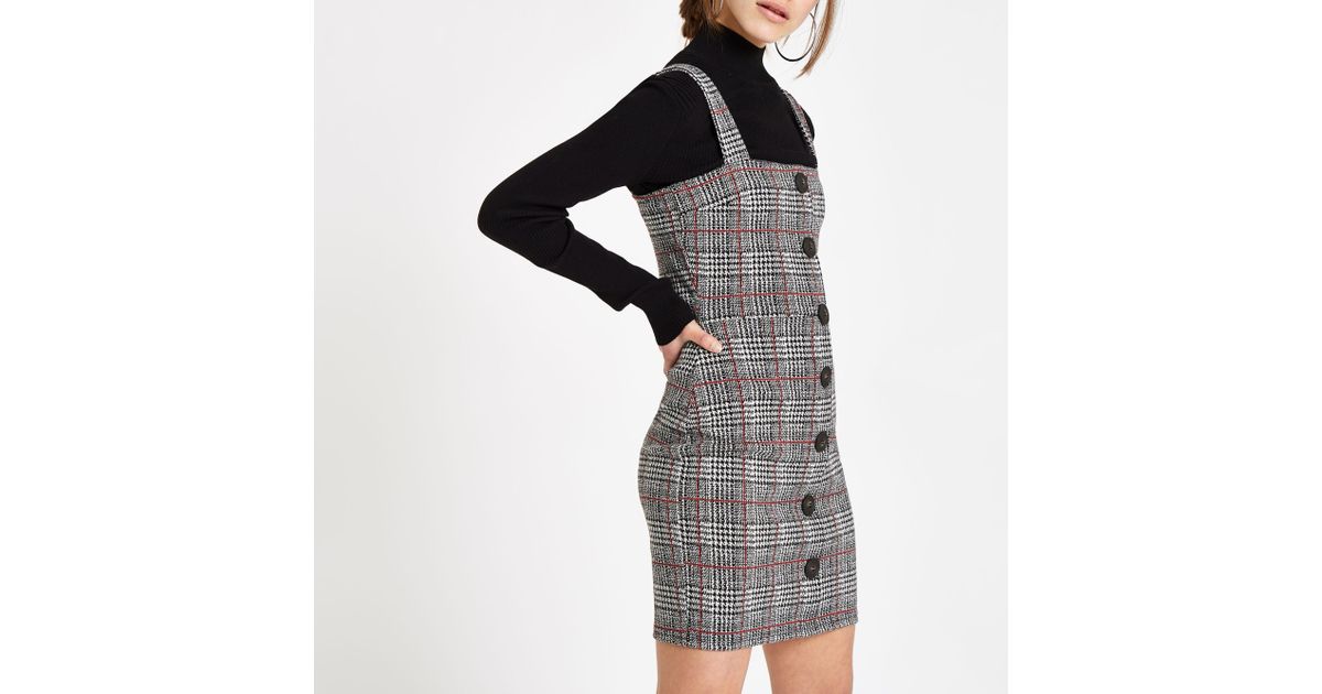 River Island Petite Check Button Up Pinafore Dress in Grey (Gray) - Lyst
