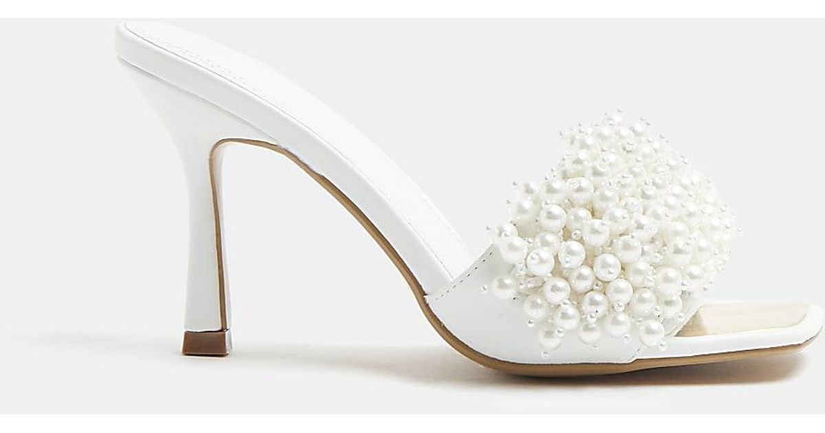 River Island Pearl Embellished Heeled Mules in White | Lyst