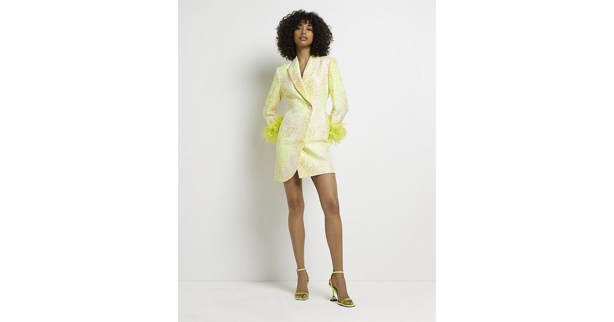 River Island Yellow Feather Cuffs Mini Blazer Dress | Lyst
