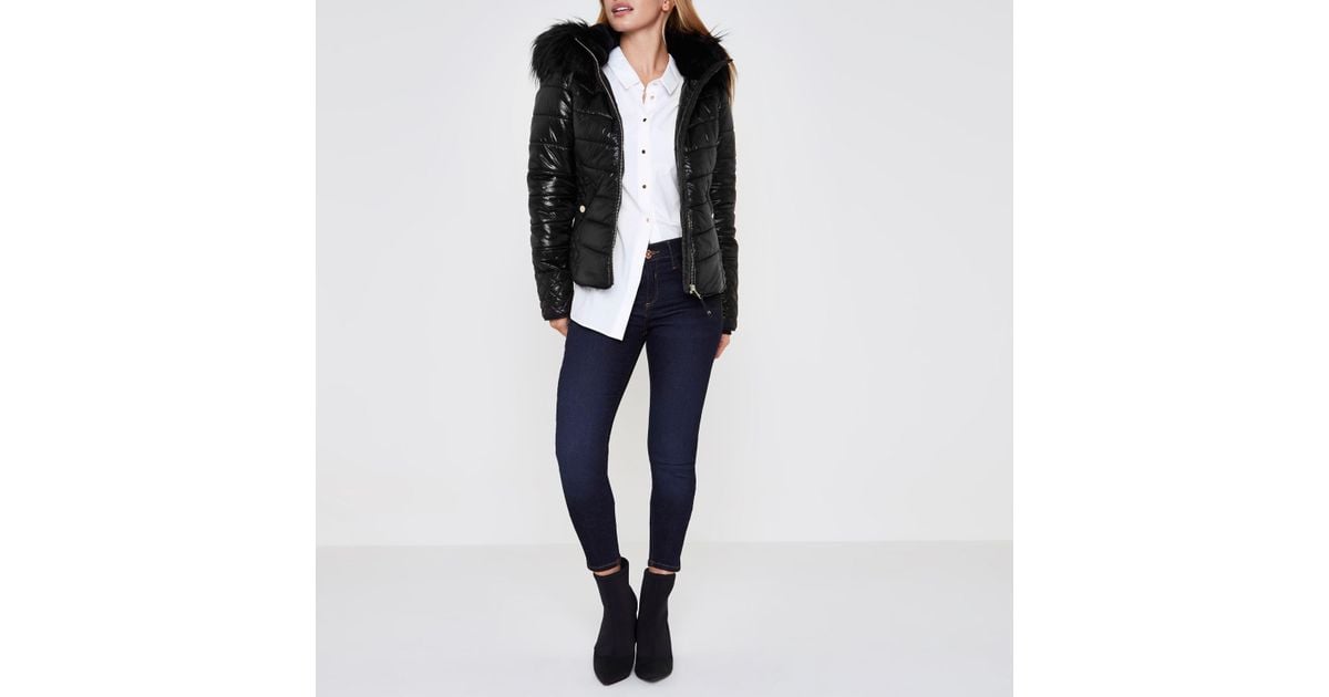 black wet look coat river island