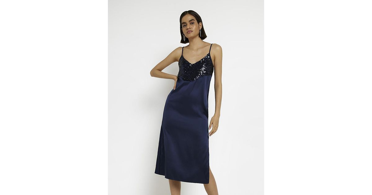 River Island Navy Satin Sequin Slip Midi Dress in Blue Lyst