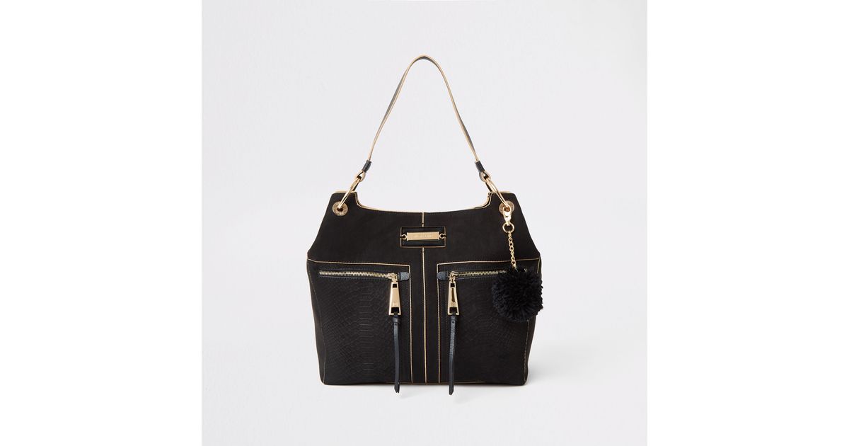 River Island Black Croc Embossed Zip Front Slouch Bag Lyst UK