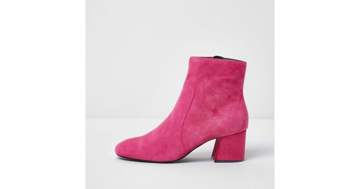 Lyst - River island Pink Block Heel Suede Ankle Boots in Pink
