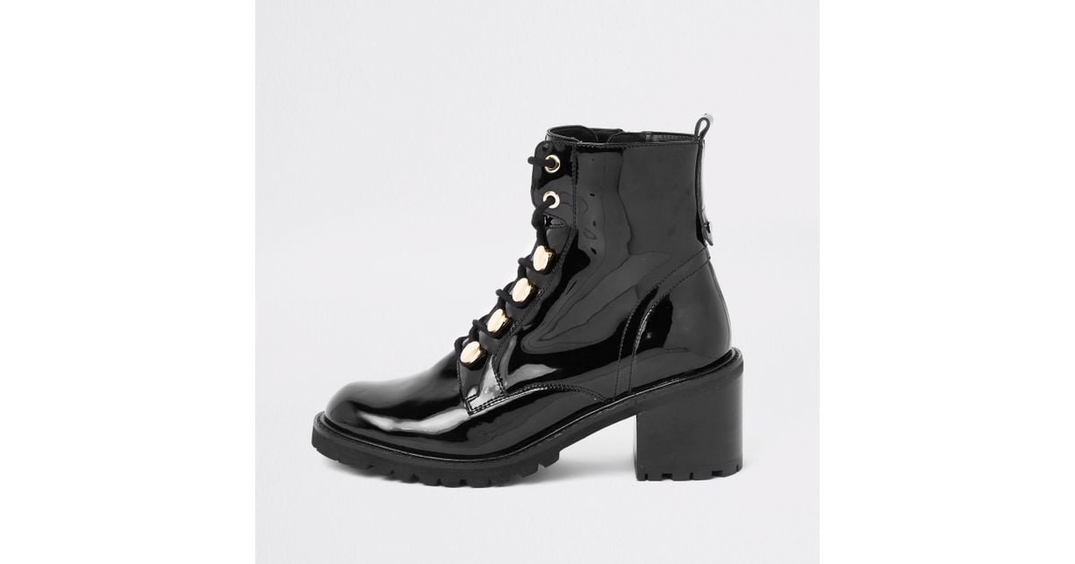 black patent lace up chunky ankle boots
