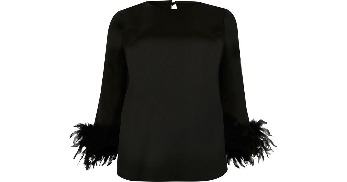 River Island Plus Black Long Sleeve Feather Cuff Top | Lyst UK