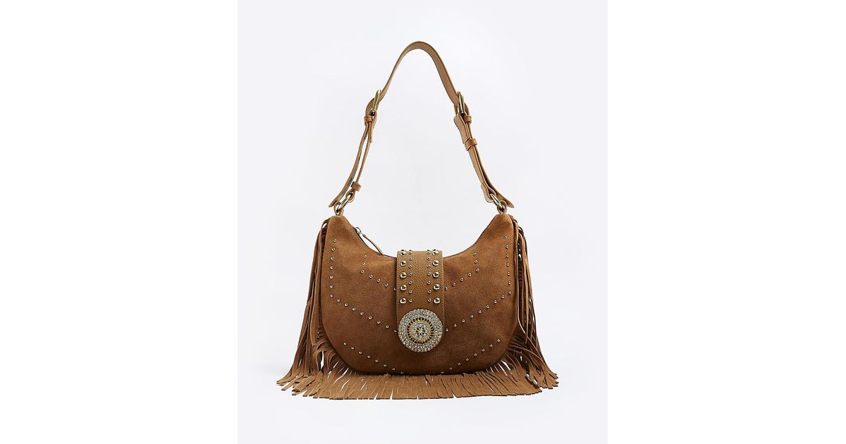 River Island Brown Suede Embellished Slouch Bag | Lyst