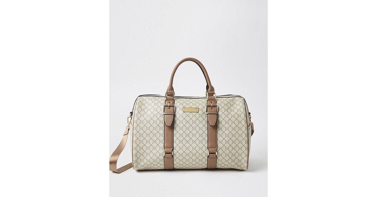 River Island Beige Ri Monogram Barrel Travel Bag in Cream (Natural) Lyst