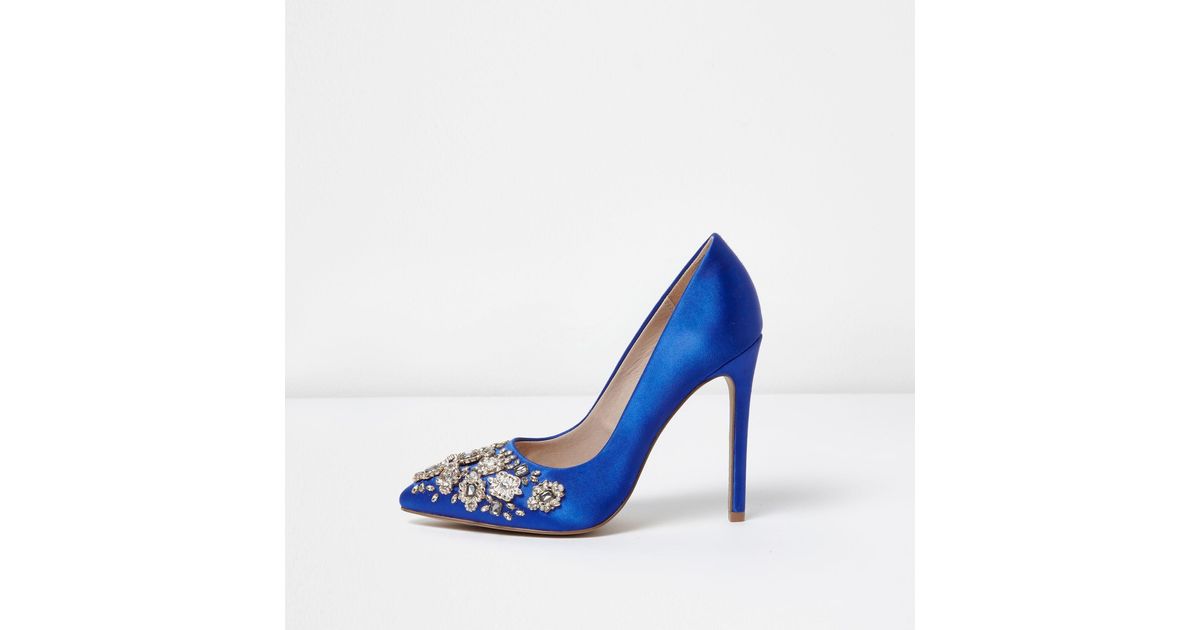 River Island Blue Satin Diamante Embellished Court Shoes Lyst UK