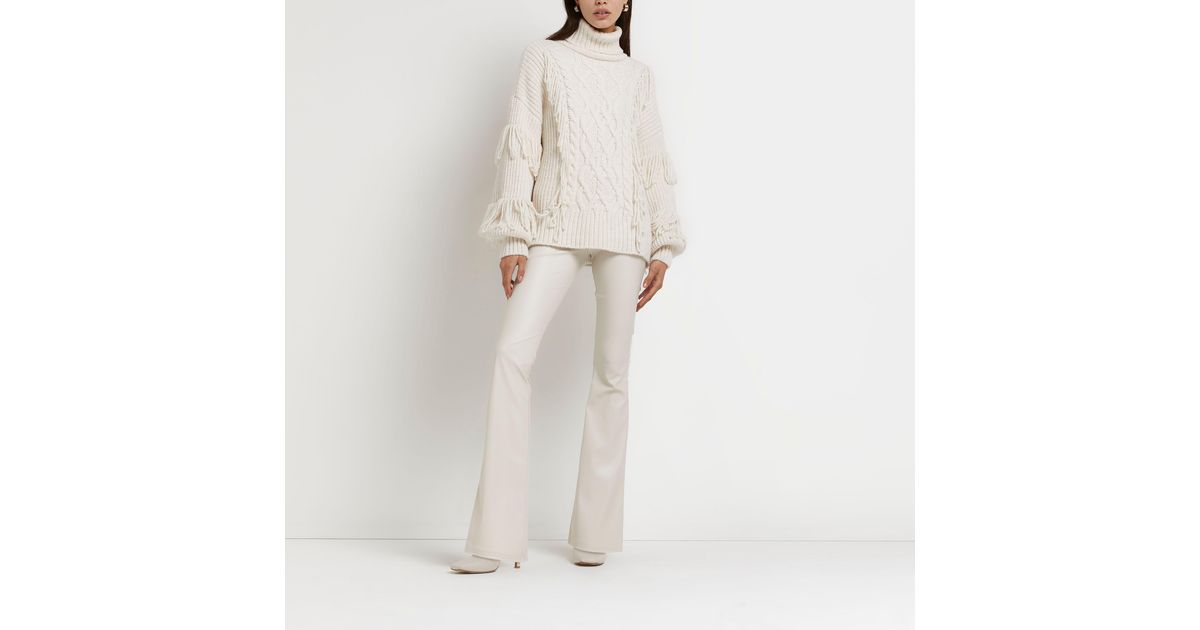 Cream Matt Coated Flared Trousers 