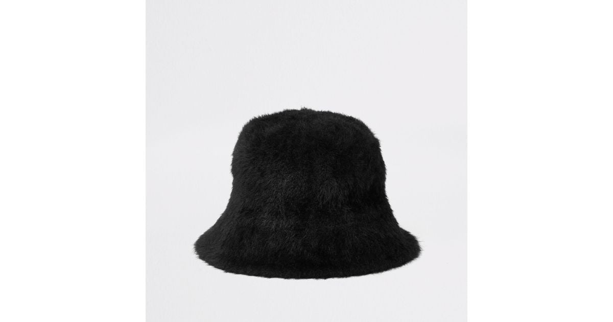 black fluffy bucket hat