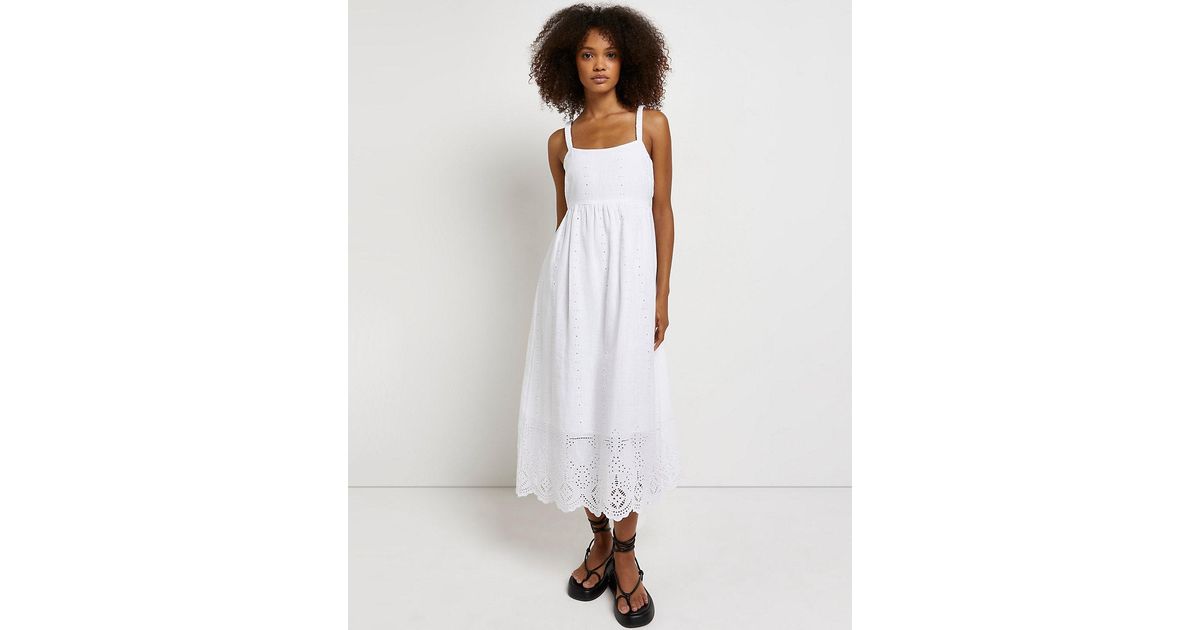 River Island White Broderie Smock Midi Dress | Lyst