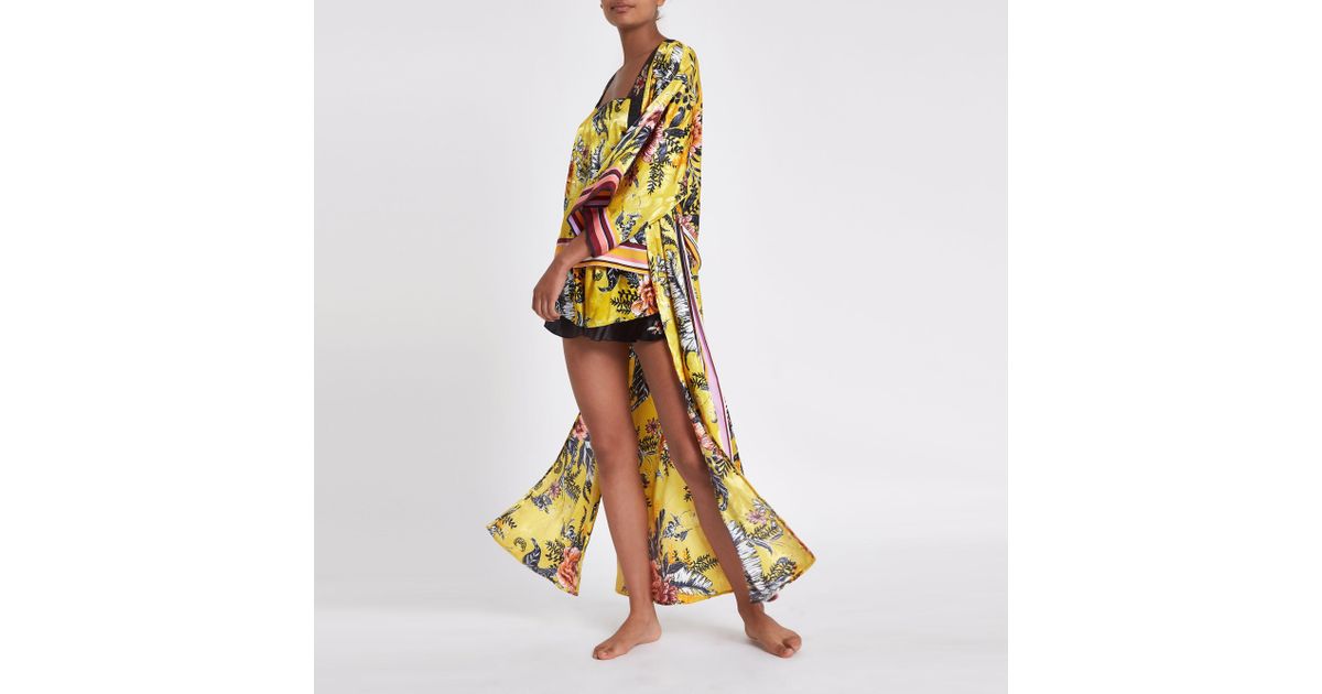 River Island Floral Maxi Kimono Robe in Yellow | Lyst UK