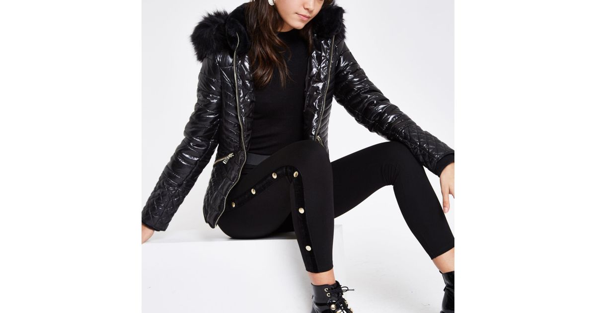 River Island Synthetic Black High Shine Faux Fur Trim Padded Jacket | Lyst