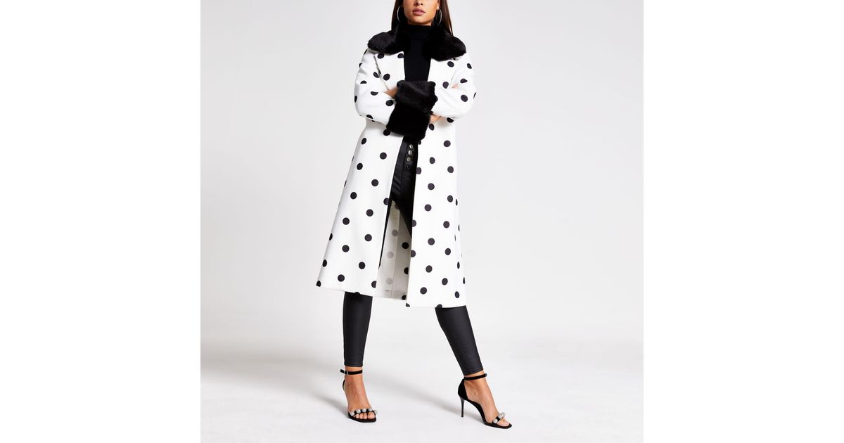 Polka Dot Faux Fur Trim Robe Coat, River Island Wrap Coat With Faux Fur Collar And Cuffs In Pink