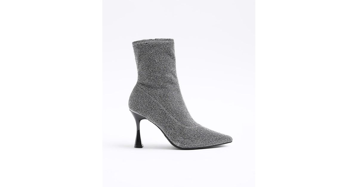 River Island Silver Wide Fit Glitter Heeled Ankle Boots in Gray Lyst