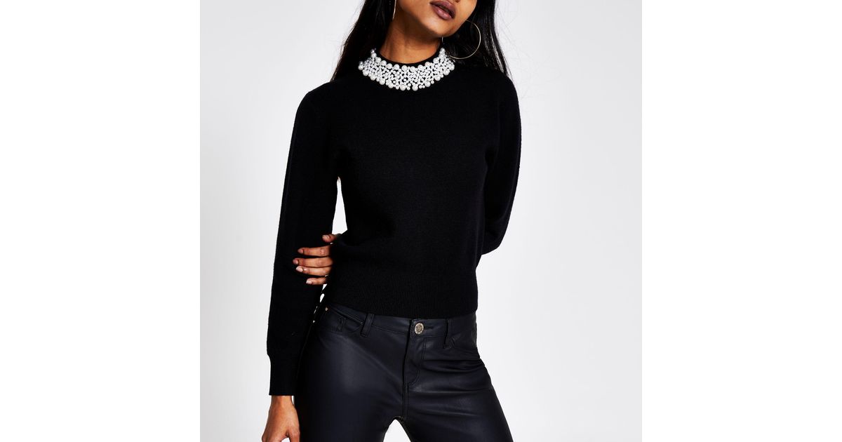 River Island Petite Black Pearl Embellished Neck Jumper | Lyst