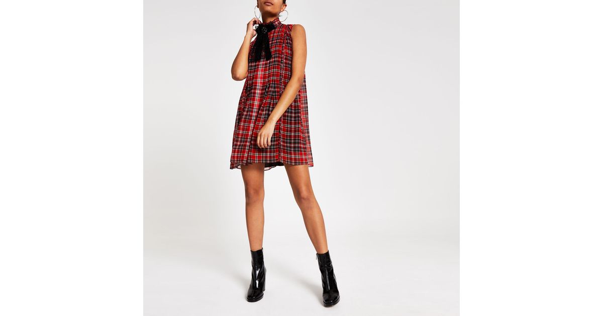 River Island Synthetic Red Check High Neck Swing Dress - Lyst