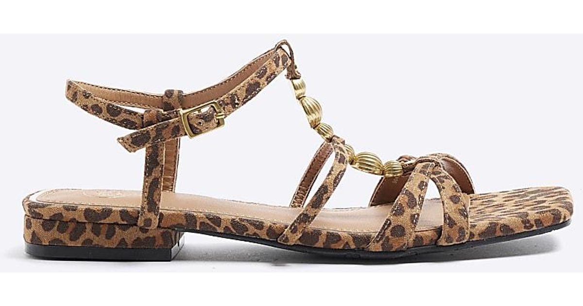 River Island Brown Animal Print Beaded Flat Sandals in White | Lyst UK