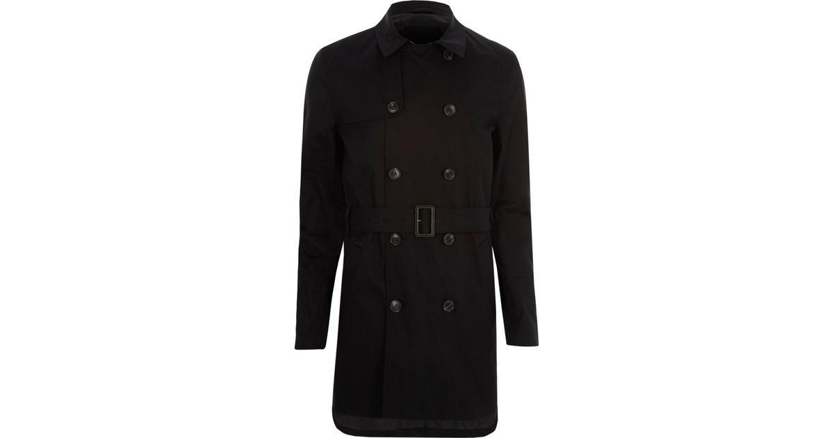 River Island Black Double Breasted Belted Trench Coat for Men | Lyst