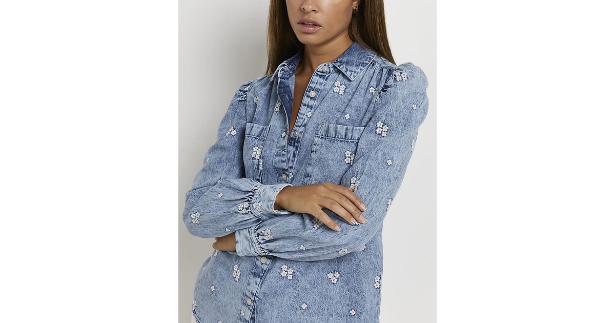 Blue Floral Embroidered Denim Shirt 