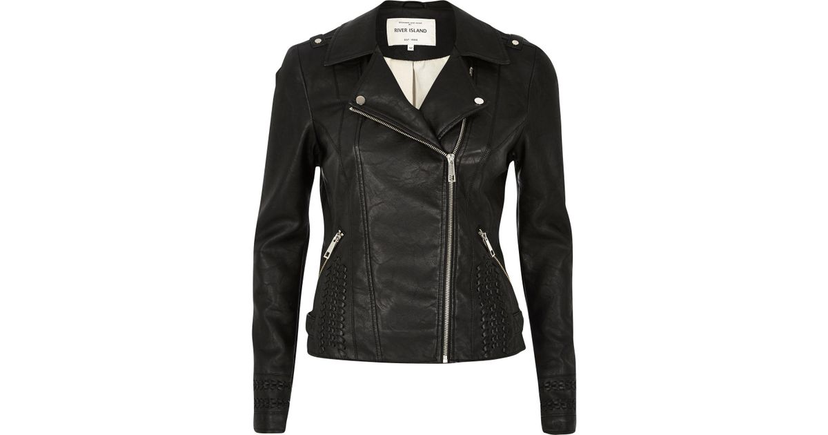 River Island Black Leather Look Whipstitch Biker Jacket