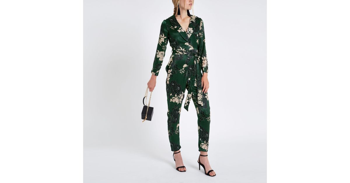 River Island Synthetic Green Floral Wrap Tailored Leg Jumpsuit - Lyst