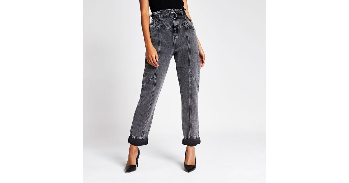 Acid Wash Paperbag Waist Utility Jeans 