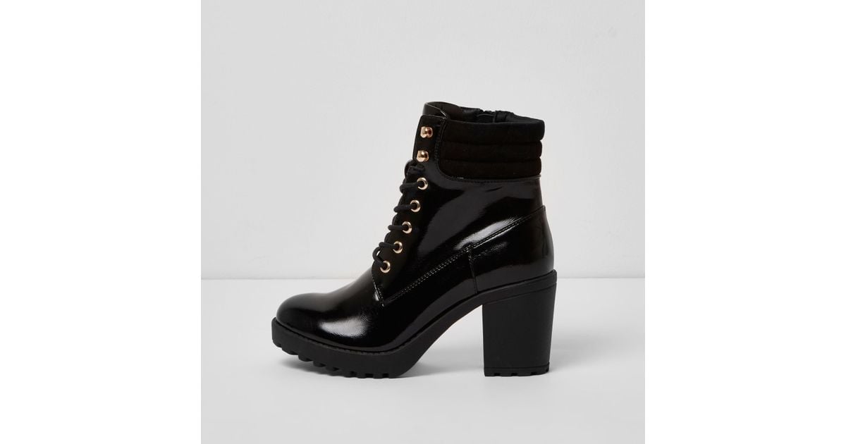 river island black patent glitter chunky ankle boots