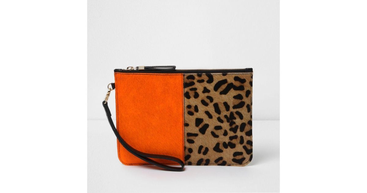 River Island Orange And Leopard Print Leather Clutch Bag | Lyst