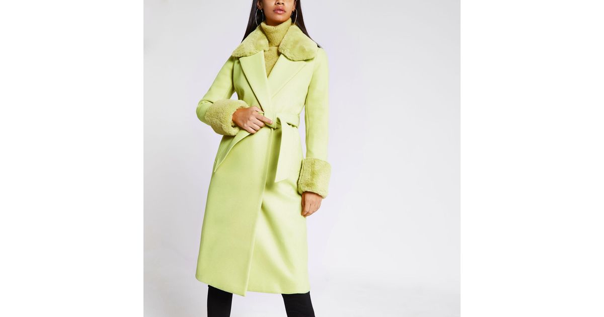 River Island Faux Fur Trim Belted Robe Coat In Lime Yellow Lyst Faux Fur Trim Belted Robe Coat In Lime, Black Faux Fur Trim Belted Short Coat