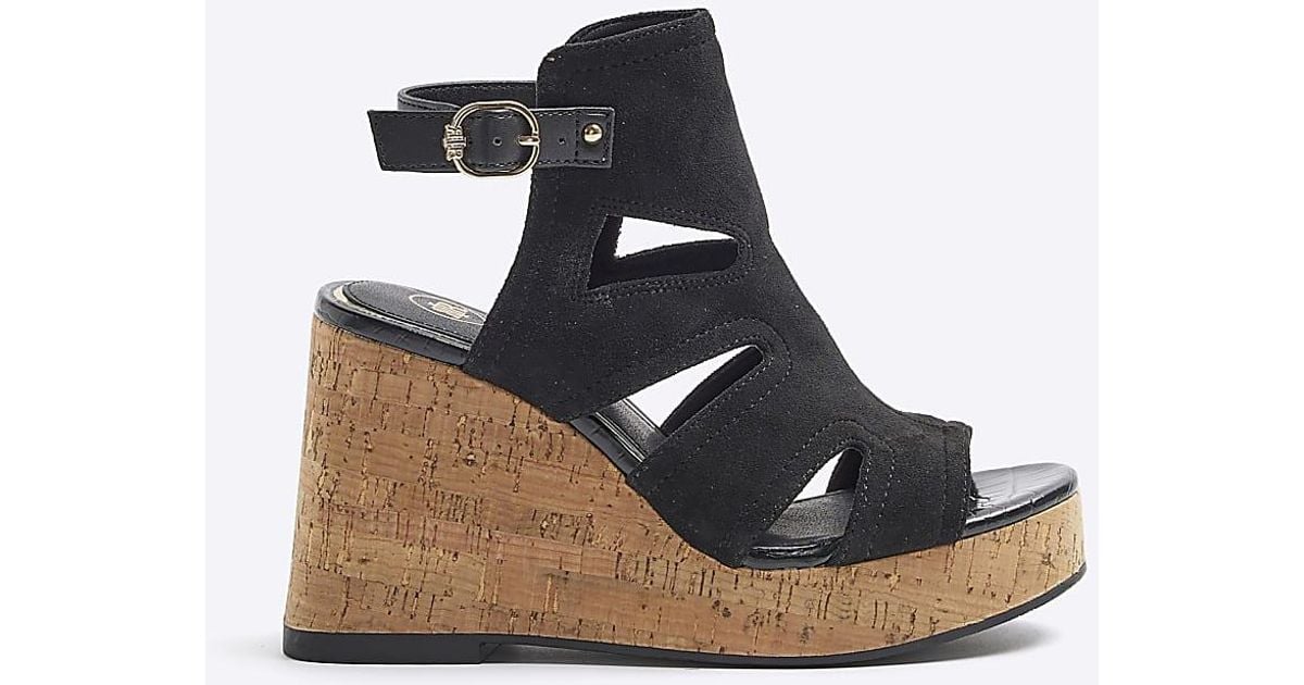 River Island Suedette Cut Out Wedge Sandals in Blue | Lyst UK
