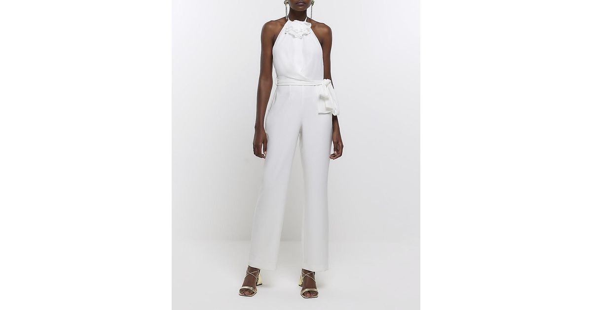 River Island Corsage Halter Neck Jumpsuit in White Lyst