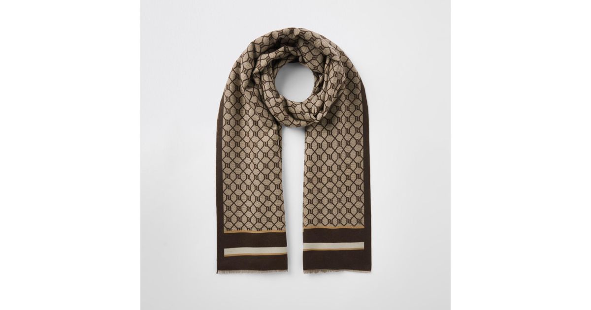 River Island Brown Ri Monogram Print Scarf - Lyst