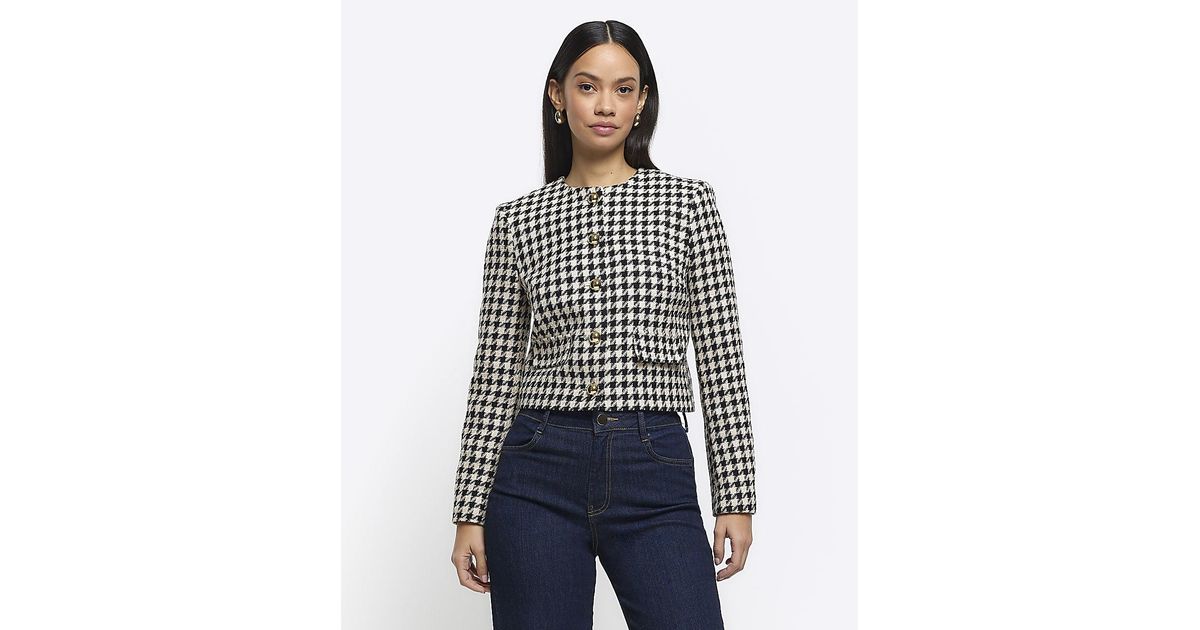 River Island Cream Dogtooth Crop Trophy Jacket in Blue Lyst