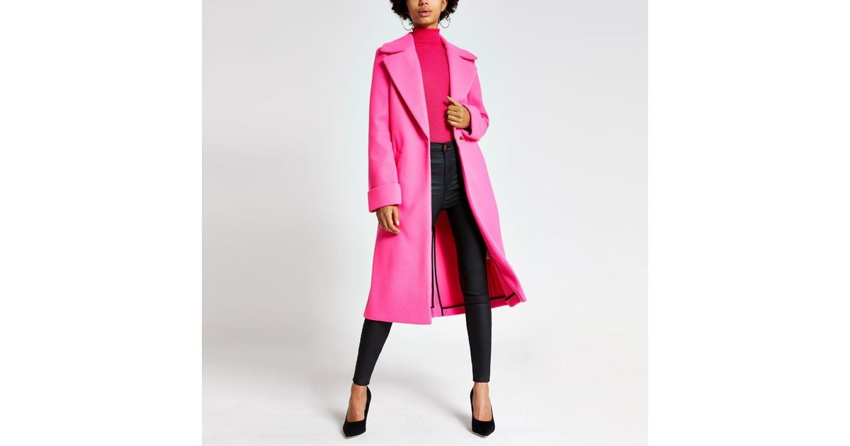 River Island Synthetic Bright Pink Single Breasted Longline Coat Lyst