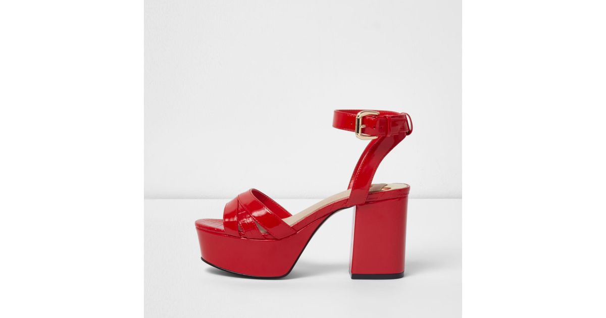 River Island Red Patent Platform Block Heel Sandals Lyst Canada