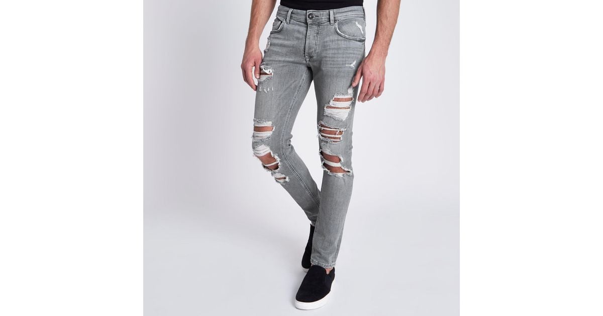 River Island Ripped Skinny Jeans in Gray for Men | Lyst