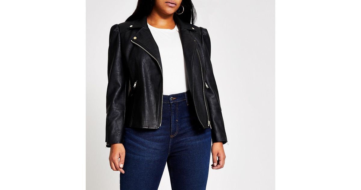 River Island Plus Black Faux Leather Puff Sleeve Jacket - Lyst
