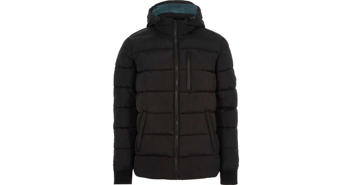 river island black hooded puffer jacket