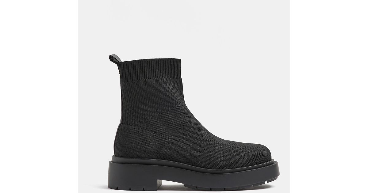 River Island Black Knitted Chunky Ankle Boots | Lyst Canada
