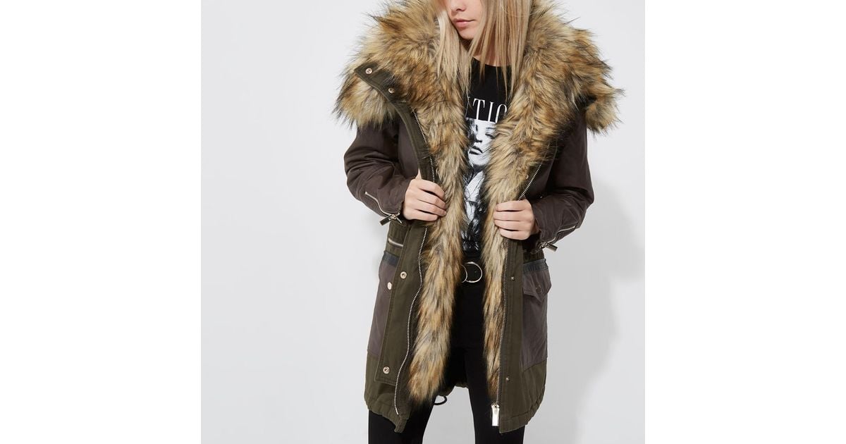 River Island Petite Green Faux Fur Trim Hooded Parka Lyst UK