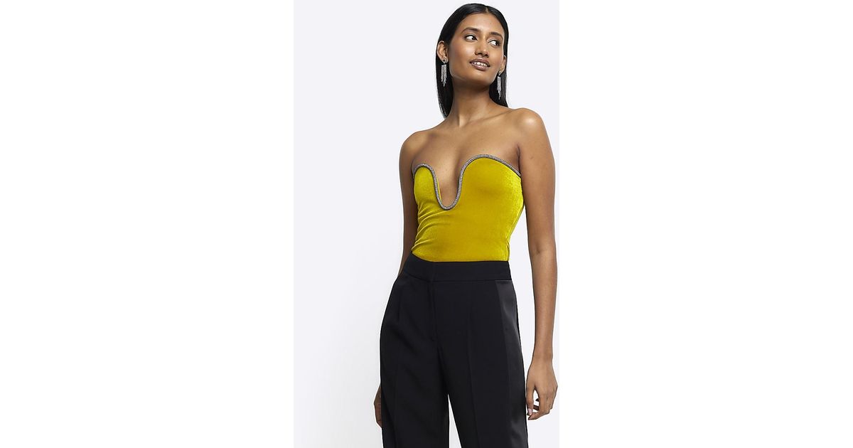 River Island Yellow Diamante Wire Bandeau Top in Green