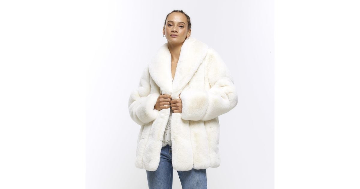 River Island Cream Panelled Faux Fur Coat in White | Lyst UK