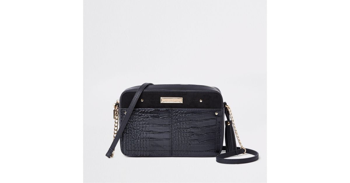 River Island Black Croc Embossed Boxy Cross Body Bag Lyst