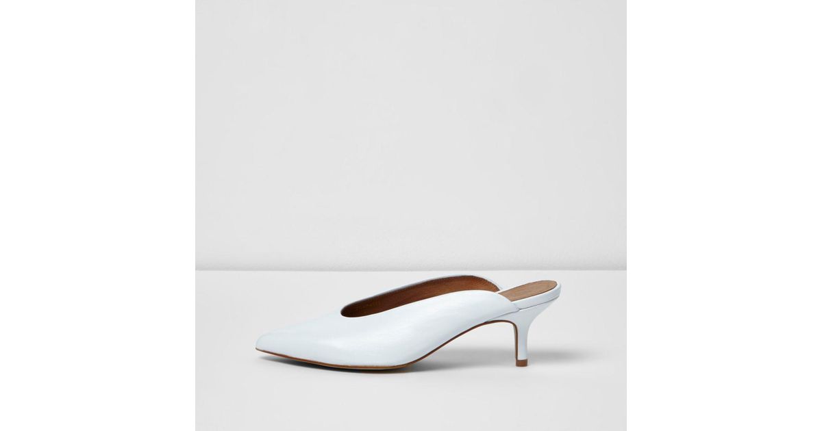 white kitten heel mules