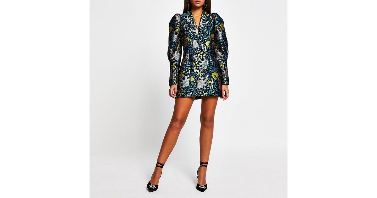 River Island Blue Jacquard Long Puff Sleeve Blazer Dress