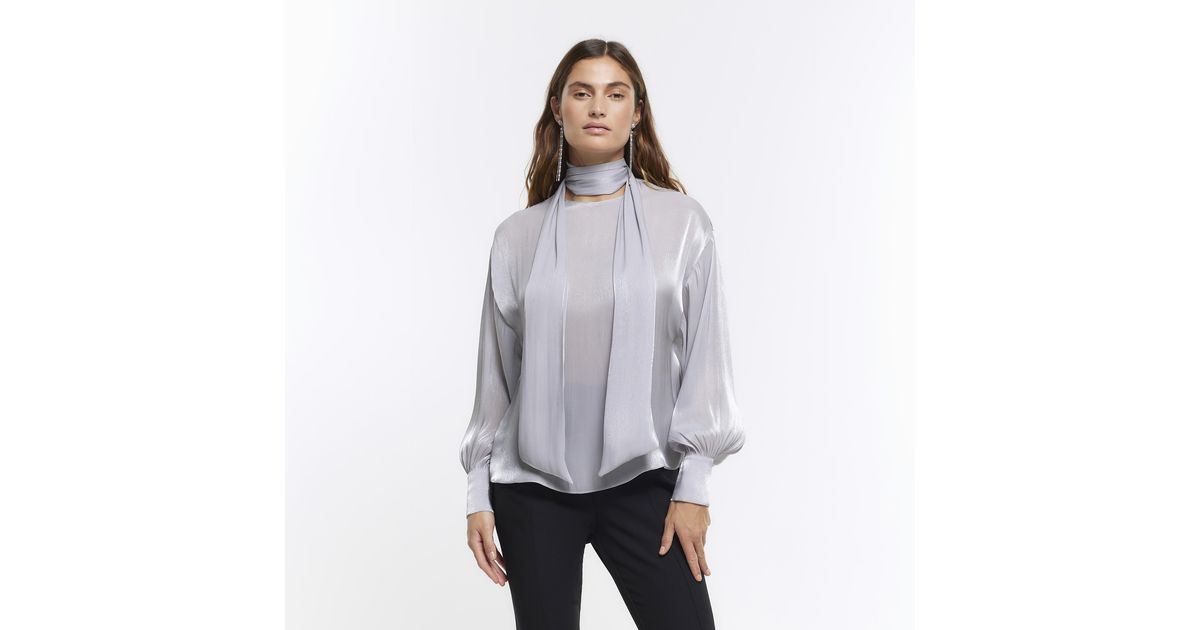 silver tie neck blouse