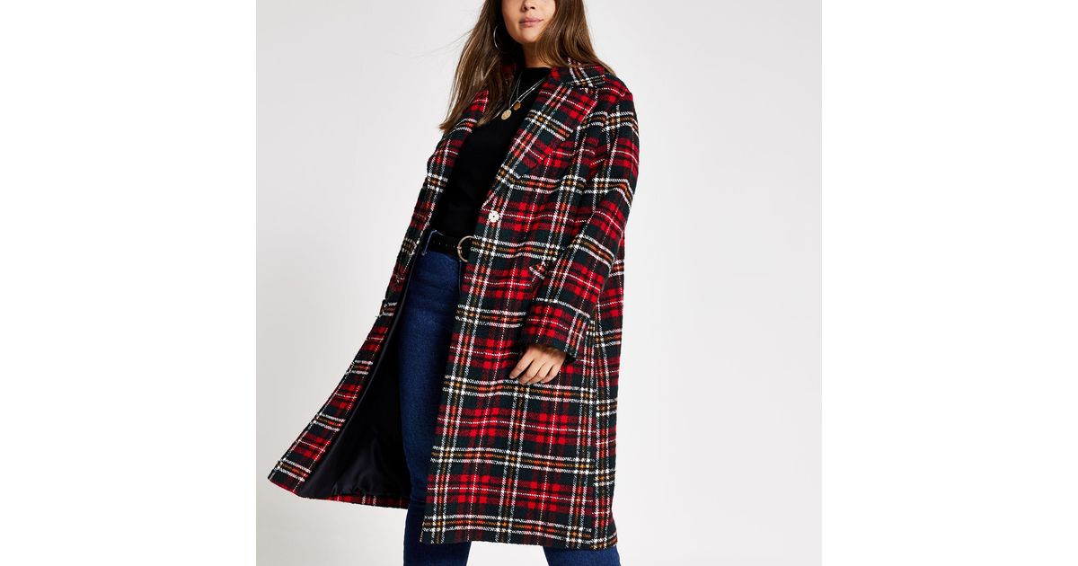 Red Tartan Check Longline Coat | Lyst 
