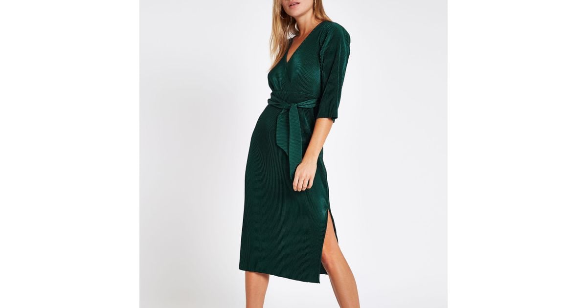 dark green tie waist plisse midi dress